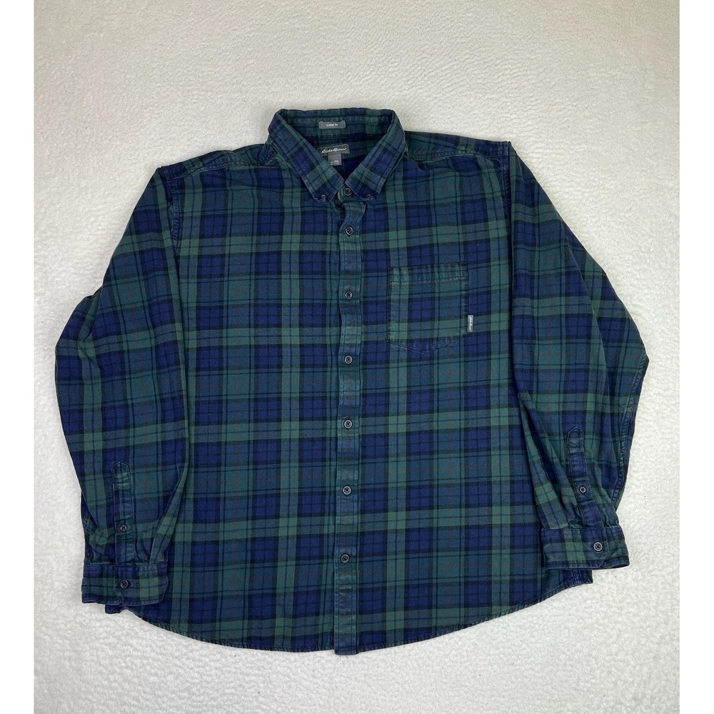 Eddie Bauer Mens 2XL Blue Green Plaid Flannel Long Sleeve Button Up Shirt